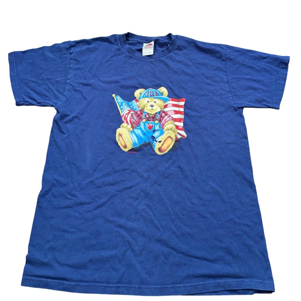 Vintage Fruit of the Loom USA Teddy Bear Graphic T-Shirt Navy Blue Large